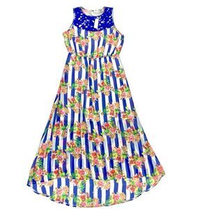 Joy & Co Maxi Dress Women M Blue Lace Embellished Floral Bohemian Beach Summer